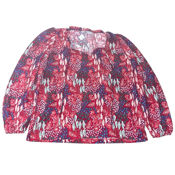 Loft Women's XL Garden Ruffle Tie Neck Blouse Textured Multicolor Red - Picture 1 of 2